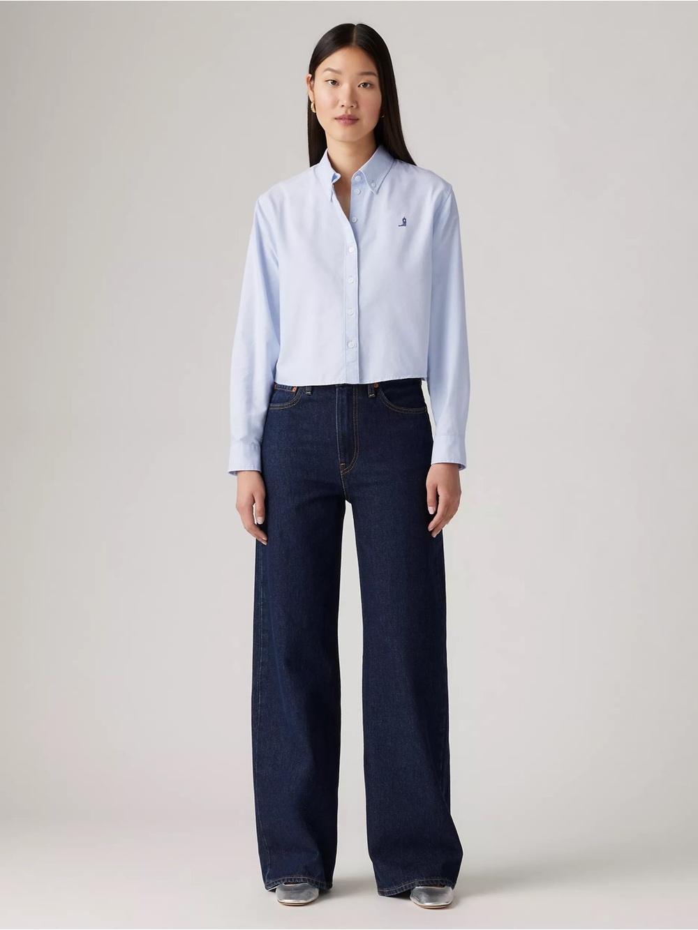 Levi's Light Blue Cropped Button-Down with Dark Indigo Wide-Leg Jeans